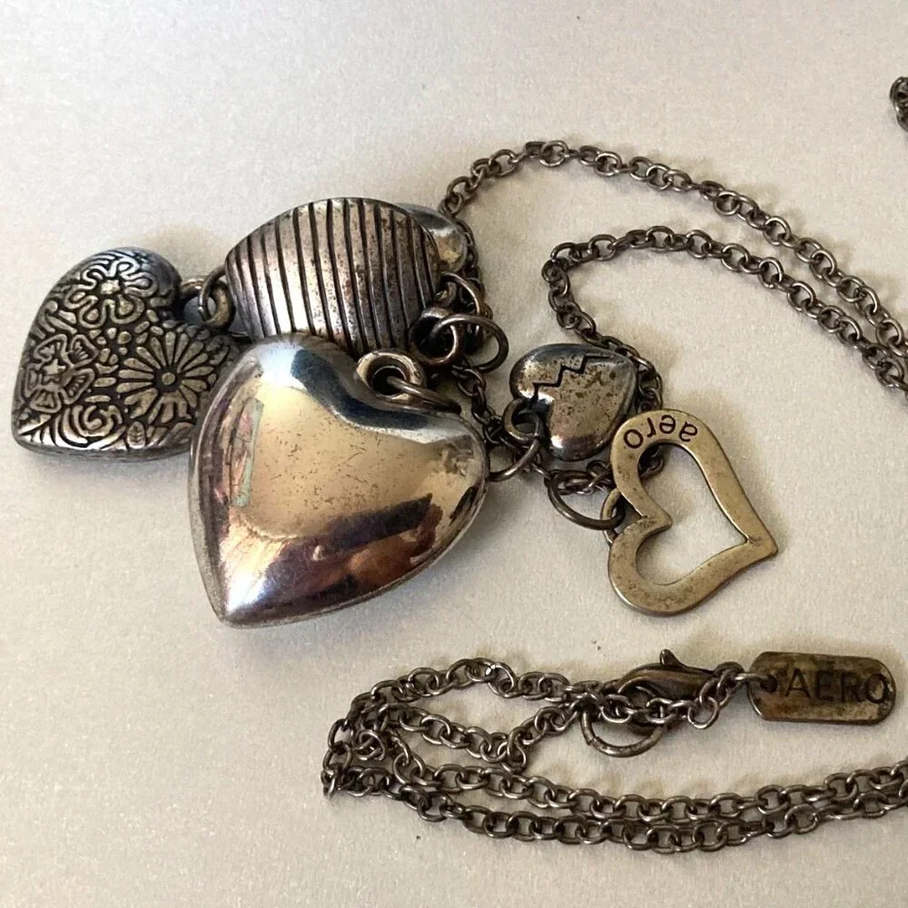 Lot of 3 Aeropostale Silver Tone Heart Charms Pendant Necklace Heart preloved - Picture 4 of 8